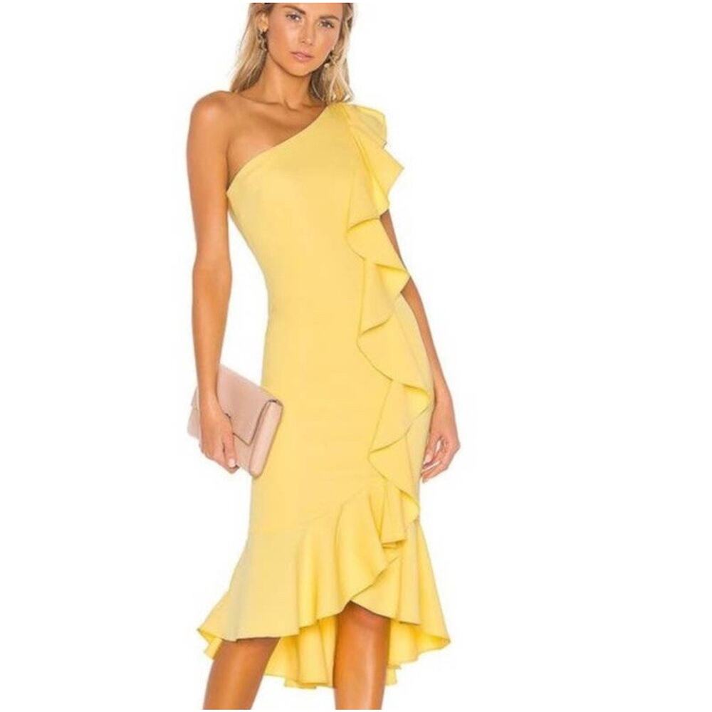 Likely Sunny Yellow Asymmetric Ruffle Midi Dress
